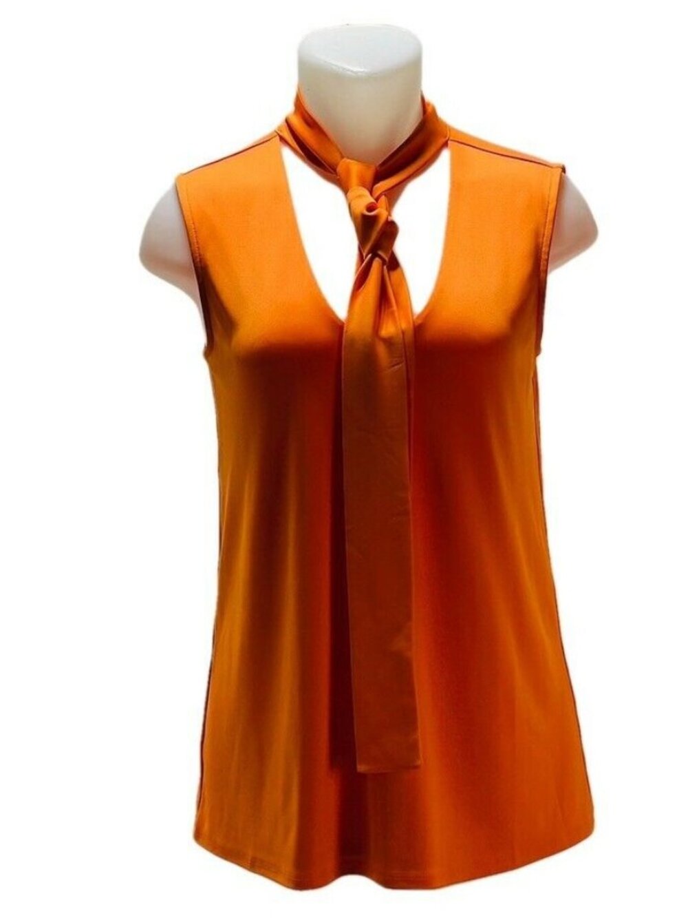Ann Taylor Sleeveless Orange Tie-Neck Blouse S Polyester Spandex
